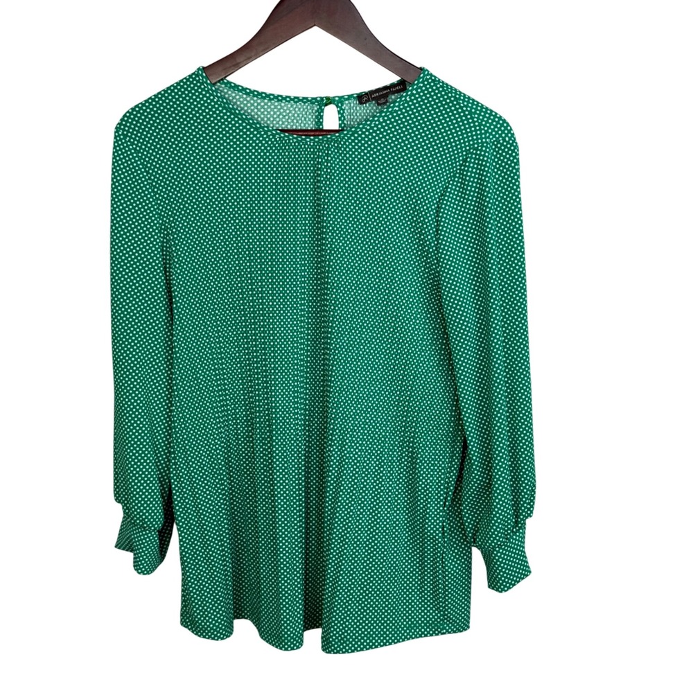 Adrianna Papell M Green Polka Dot Stretch Knit Ruffle Neck Preppy Blouse